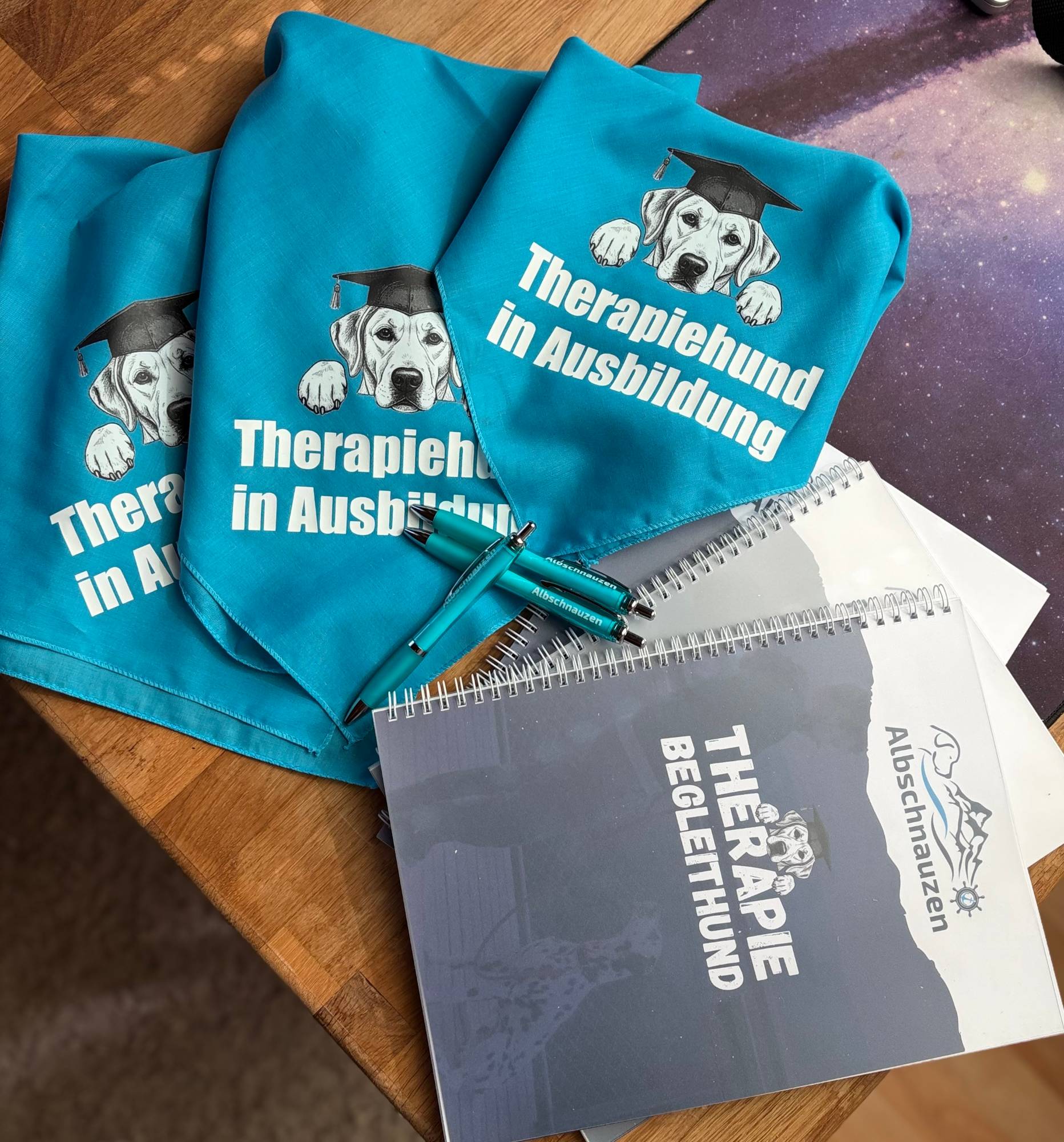 Teilnehmerunterlagen: Lehrbuch Therapiebegleithund, Kursfahrplan, Halstücher und Albschnauzen-Materialien
